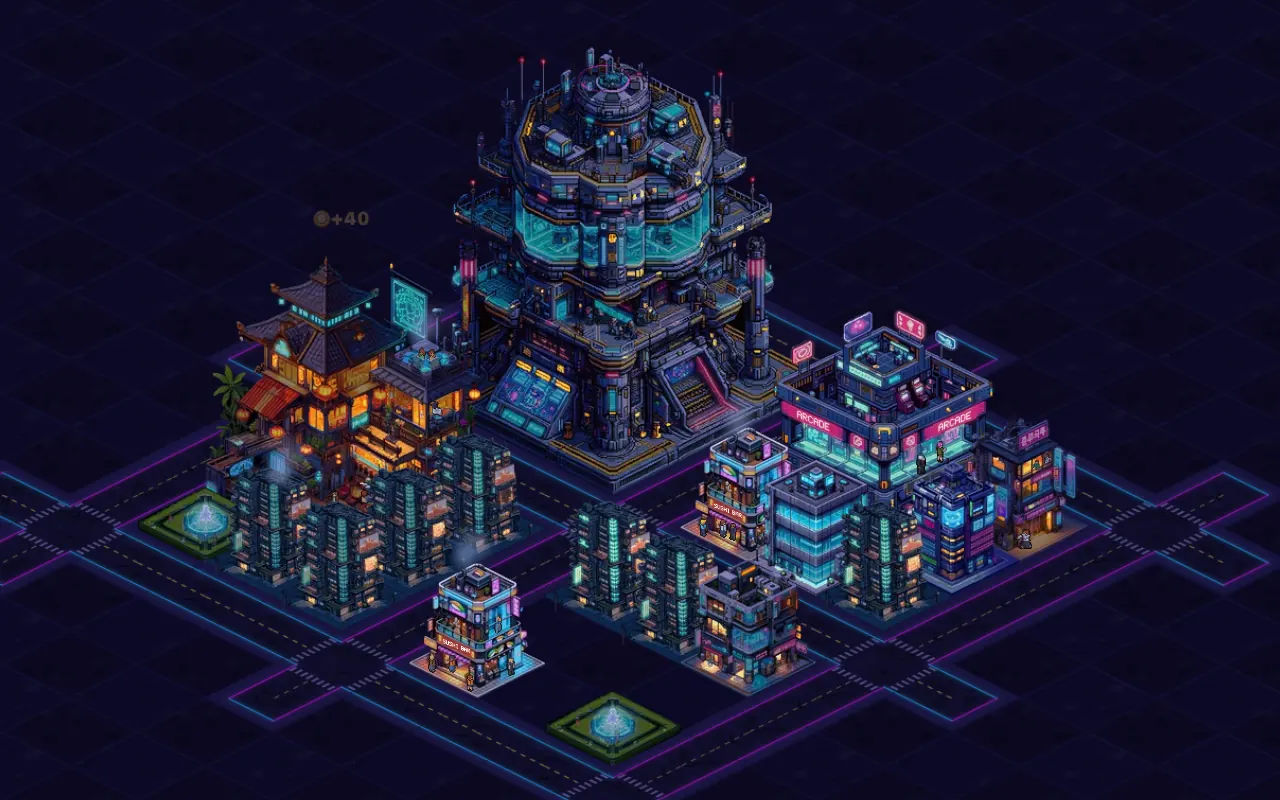 A young city around a road grid: homes, a sushi bar, an arcade, a pagoda tea house, parks and a large City HQ, every building beside a road.