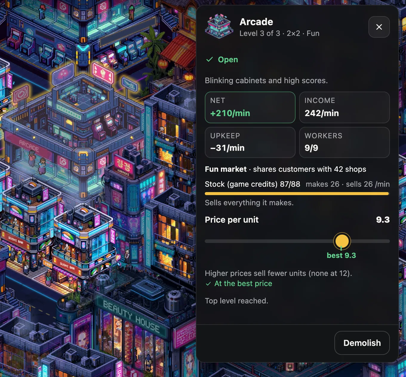 A selected Arcade with its panel: net income, income, upkeep, workers, its market and competitors, the stock shelf and the price slider at the best price.