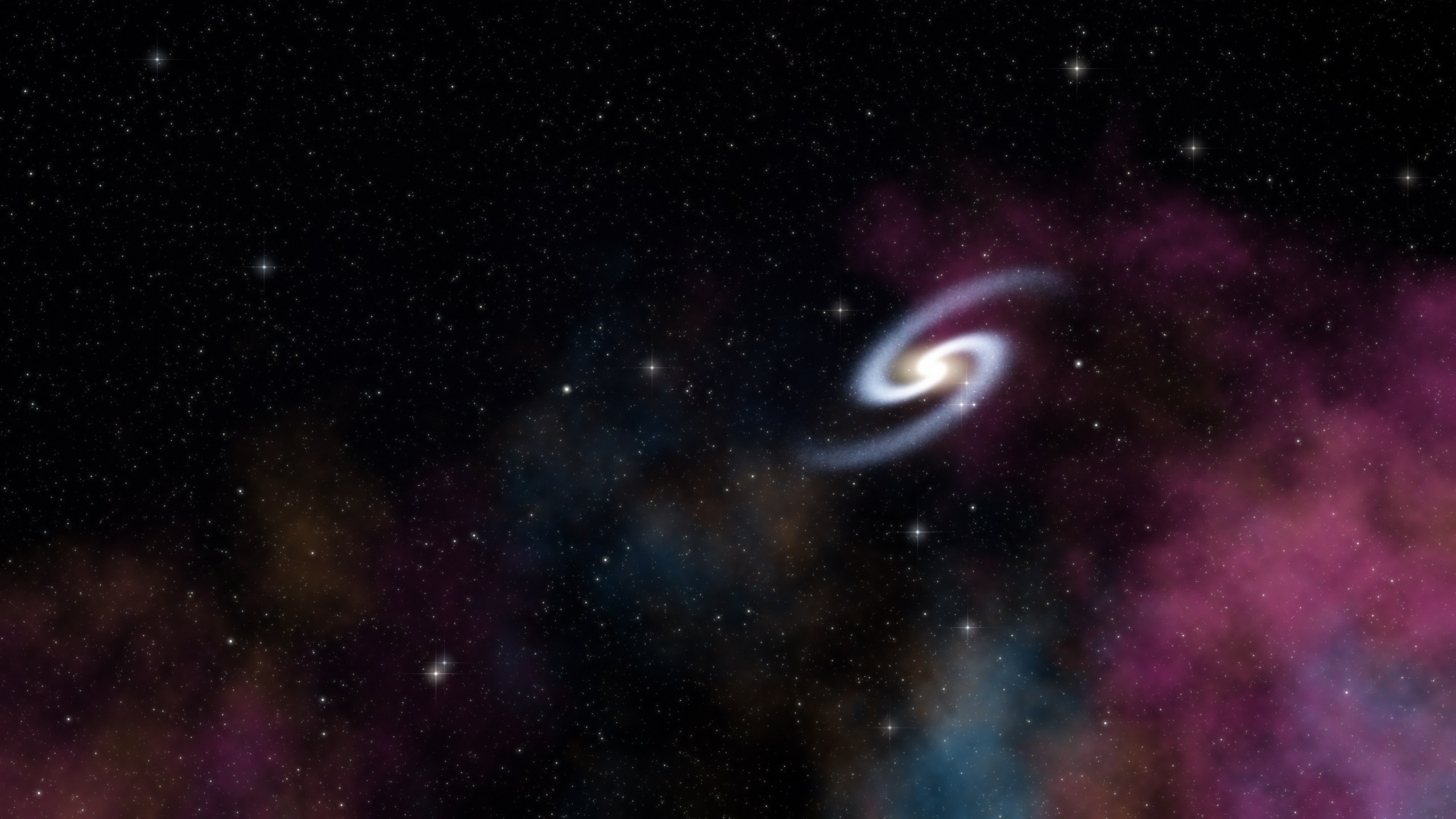 A spiral galaxy among stars and nebula clouds